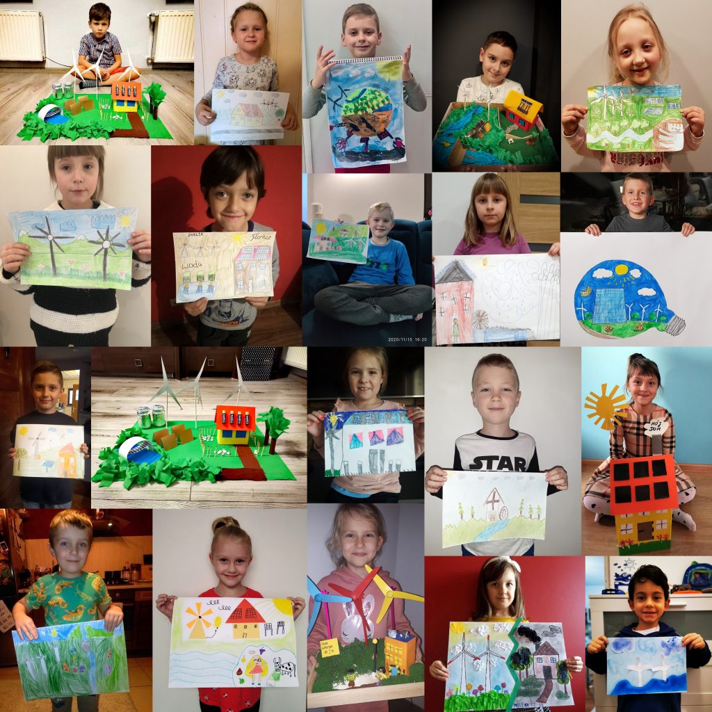 Dzieci z wykonanymi pracami, uczestniczące w zajęciach Koła Naukowego :"Super Green"