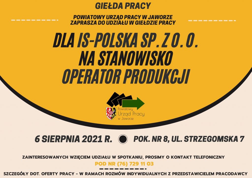 Plakat Powiatowego Urzędu Pracy w Jaworze, zaprasza do udziału w giełdzie pracy.