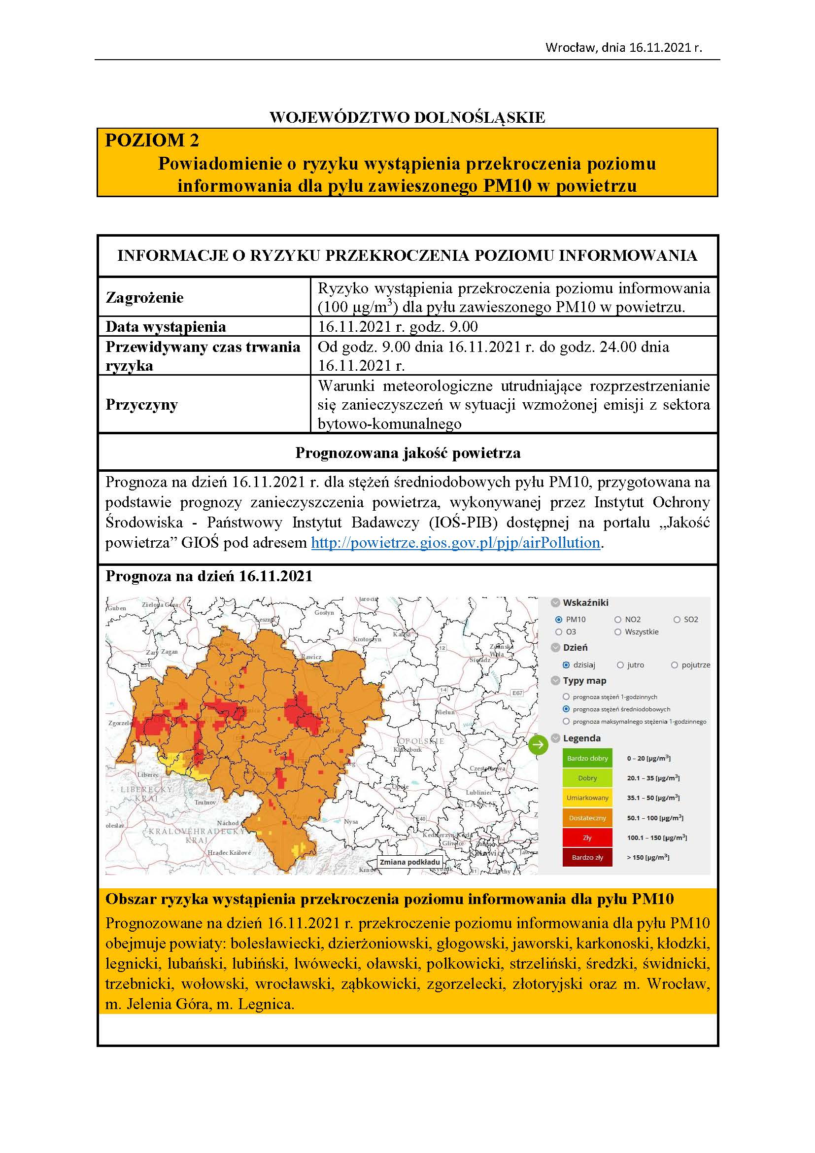 [POZIOM 2]:  Powiadomienie o ryzyku wystąpienia przekroczenia poziomu  informowania dla pyłu zawieszonego PM10 w powietrzu