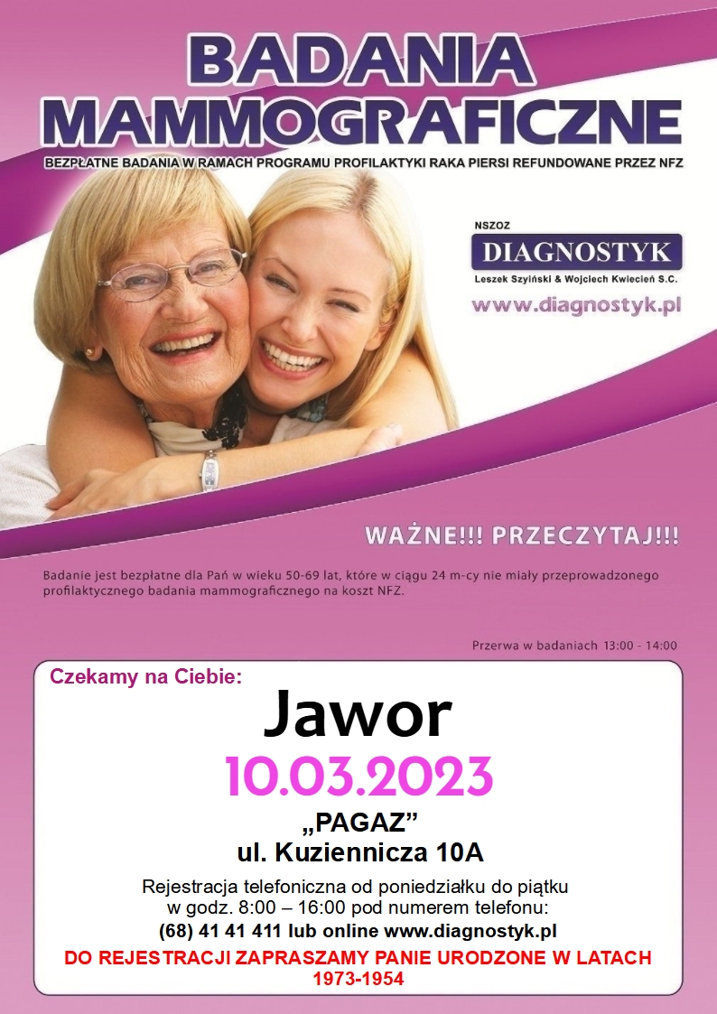Bezpłatne badania mammograficzne Jawor 10.03.2023