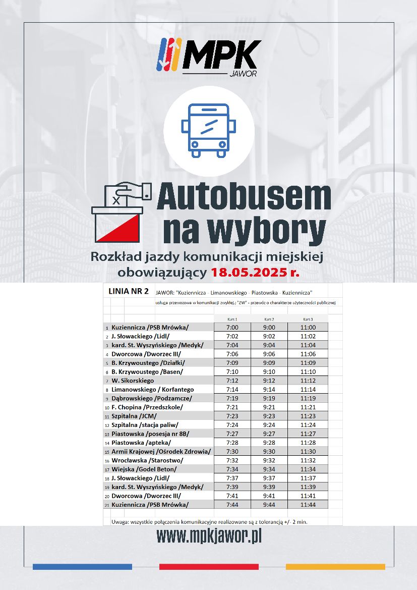 [MPK Jawor]: Rozkłady jazdy komunikacji miejskiej w dniu wyborów prezydenckich