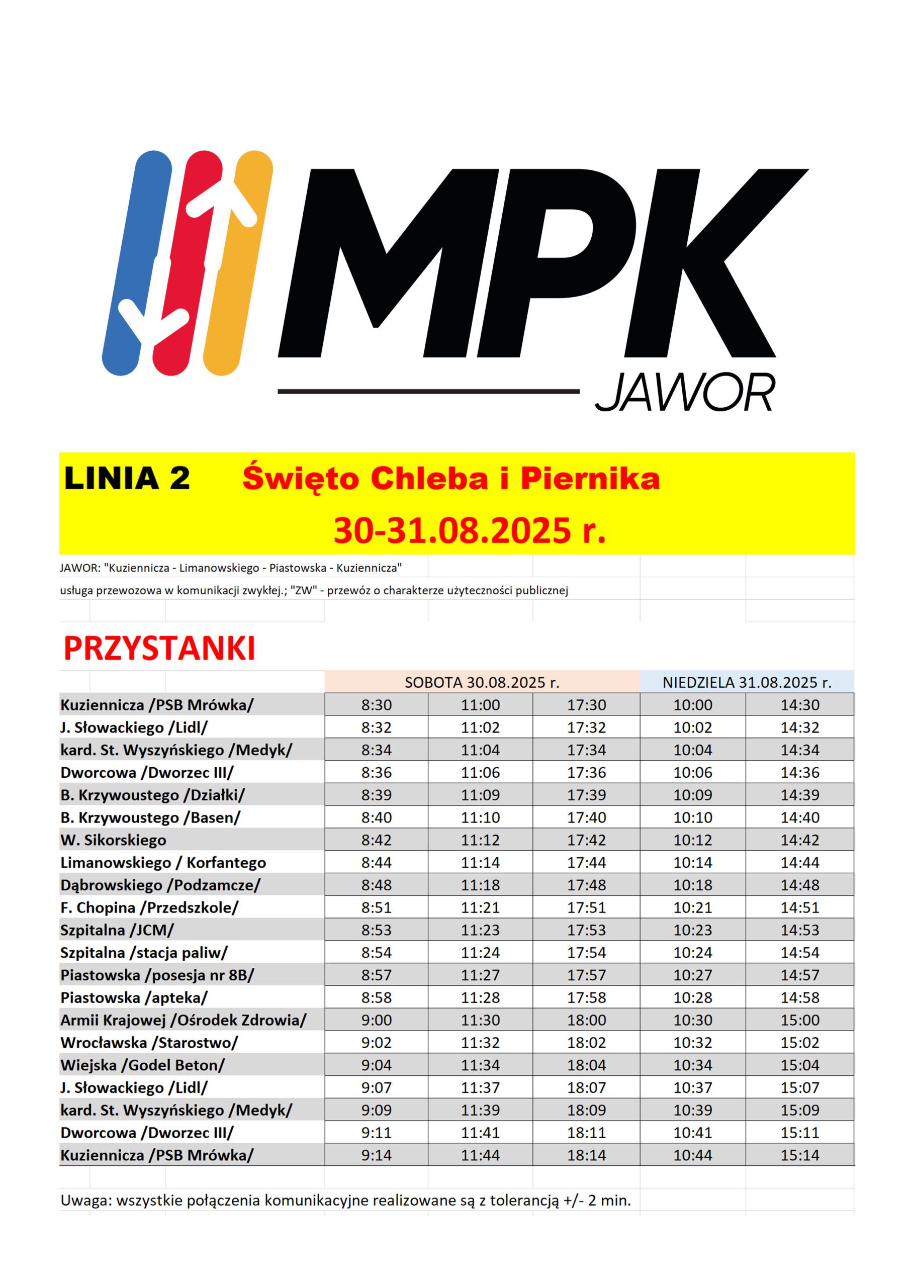[MPK Jawor]:  Święto Chleba i Piernika 2025 – rozkład jazdy!