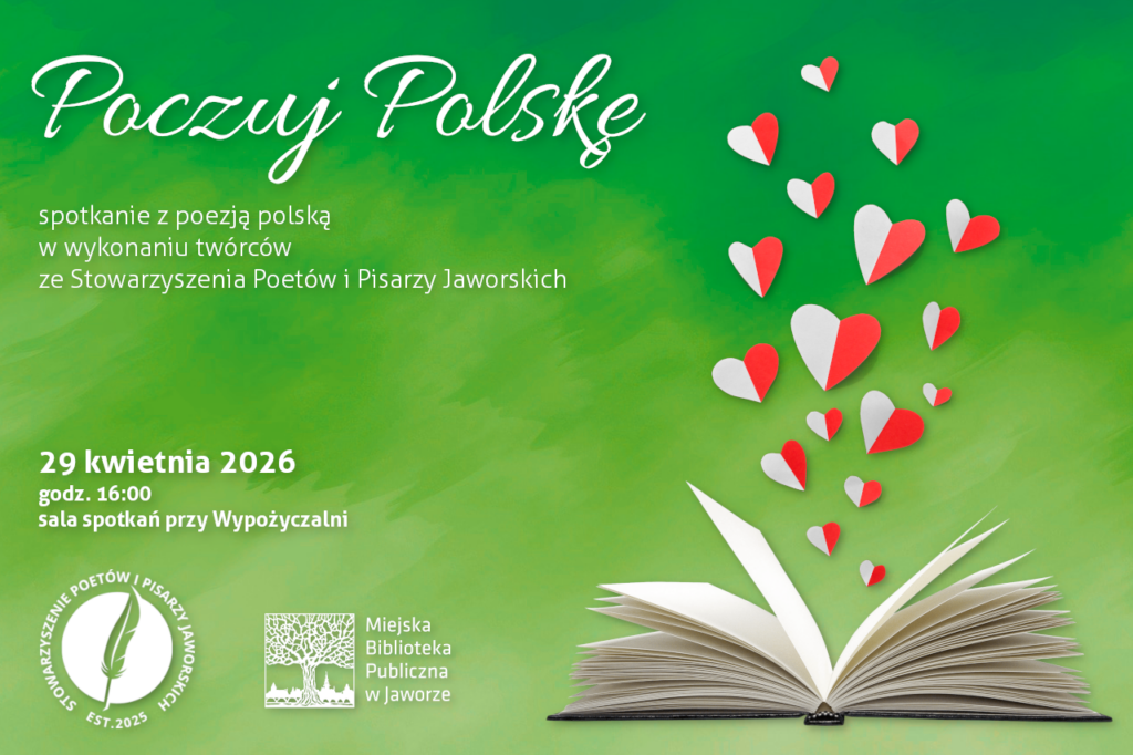 Plakat wydarzenia z biało-czerwonymi sercami wzlatującymi z otwartej księgi